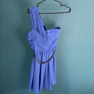 Express One-Shoulder Blue (close to periwinkle) Dress with “gun metal” Chain